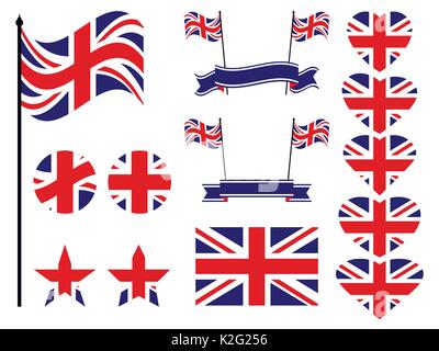 Großbritannien Flag gesetzt. Sammlung von Symbolen, Flagge im Herzen. Vector Illustration Stock Vektor