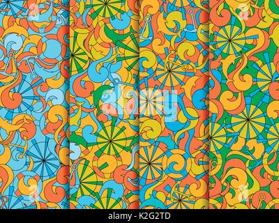 Marine nahtlose Muster. Hintergrund mit Wellen, Delphine und Anker. Hintergrund für Stoffe, Farben des Sommers. Vektorgrafiken Stock Vektor