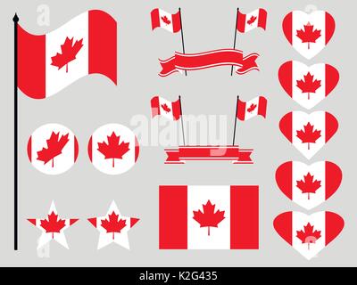 Kanada Flag gesetzt. Sammlung von Symbolen, Flagge im Herzen. Taste und Stern. Vector Illustration Stock Vektor