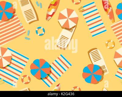 Nahtlose Strand, Ansicht von oben. Liegestuhl mit Sonnenschirm, Surfbrett, Flip-Flops und Bettdecken. Urlaub am Strand. Vector Illustration Stock Vektor