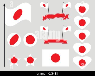 Japan Flag gesetzt. Sammlung von Symbolen, Flagge im Herzen. Taste und Stern. Vector Illustration Stock Vektor