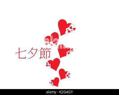 Chinesische Valentinstag. Herzen mit Schatten auf weißem Hintergrund. Chinesische Zeichen als Qixi Festival übersetzt. Vector Illustration Stock Vektor