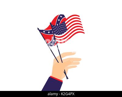 Hand hält die Fahne der Vereinigten Staaten von Amerika und der Eidgenossen. Vector Illustration Stock Vektor