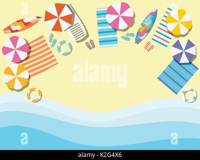 Strand, Meer mit Wellen. Liegestuhl mit Sonnenschirm, Surfbrett. Blick von oben. Bettüberwürfe mit Flip Flops. Vector Illustration Stock Vektor