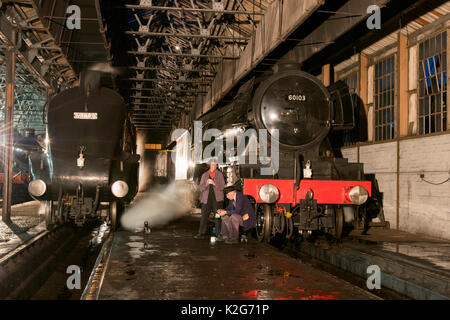 Flying Scotsman Dampflokomotive in der Nacht in der Wartung Halle mit Union von Südafrika Stockfoto