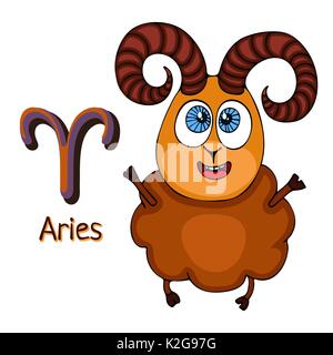 Sternzeichen Widder Cartoon, astrologische Charakter. Gemalt lustige Widder mit einem Symbol auf weißem Hintergrund, Vektor hand Zeichnung Stock Vektor