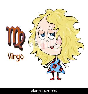 Sternzeichen cartoon Jungfrau, astrologische Charakter. Malte lustig Jungfrau mit einem Symbol auf weißem Hintergrund, Vektor hand Zeichnung Stock Vektor