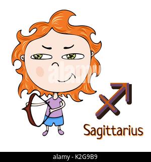 Sternzeichen Schütze, Cartoon astrologische Charakter. Gemalt lustige Schütze mit einem Symbol auf weißem Hintergrund, Vektor hand Zeichnung Stock Vektor