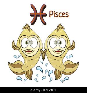 Sternzeichen cartoon Fische, astrologische Charakter. Gemalt lustige Fische mit einem Symbol auf weißem Hintergrund, Vektor hand Zeichnung Stock Vektor