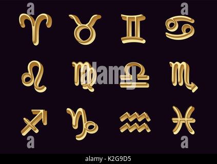 Gold Sternzeichen Set sign, lackiert astrologischen Symbole auf dunklem Hintergrund isoliert, Vektor hand Zeichnung Stock Vektor