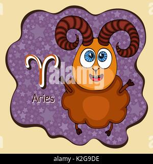 Sternzeichen Widder Cartoon, astrologische Zeichen, Hand zeichnen. Gemalt lustige Widder im Rahmen in Form einer abstrakten lila Tinte spot mit zurück Stock Vektor