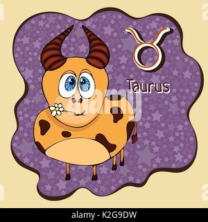 Sternzeichen cartoon Taurus, astrologische Zeichen, Hand zeichnen. Gemalt lustige Stier im Rahmen in Form einer abstrakten lila Tintenfleck mit Ba Stock Vektor