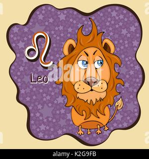 Sternzeichen cartoon Leo, astrologische Zeichen, Hand zeichnen. Gemalt lustige Leo im Rahmen in Form einer abstrakten lila Tinte spot mit backgrou Stock Vektor