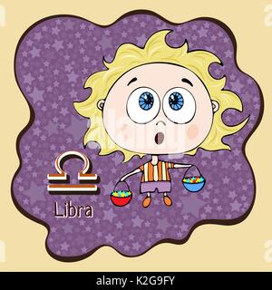 Sternzeichen Waage, Cartoon astrologische Zeichen, Hand zeichnen. Gemalt lustige Waage im Rahmen in Form einer abstrakten lila Tinte spot mit zurück Stock Vektor