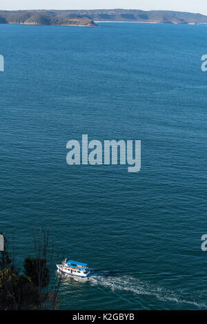 Eine kleine Fähre fährt in der Nähe von West Kopf auf Sydney Pittwater, Australien Stockfoto