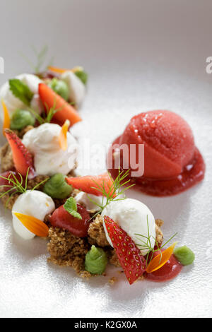 Obst Dessert serviert auf weiße Platte für Hotel Borgo Pignano in der Toskana, Italien Stockfoto