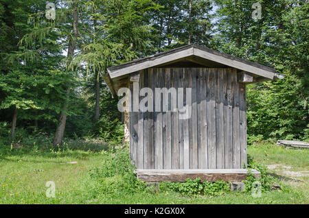 Verwitterte Holzhütte auf einer Wiese am Waldrand. Einfache überdachte Struktur verwendet gestapelten Brennholz zu lagern, um den Inhalt vor Feuchtigkeit zu schützen. Foto. Stockfoto