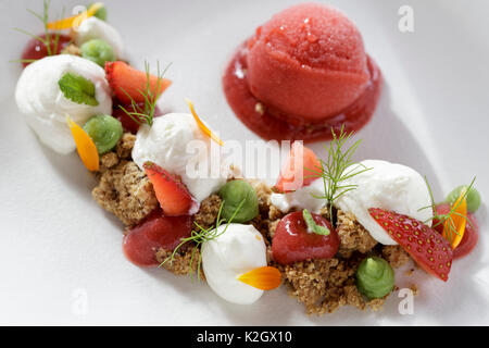 Obst Dessert serviert auf weiße Platte für Hotel Borgo Pignano in der Toskana, Italien Stockfoto