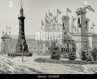 Spanien. Katalonien. 1888 Barcelona Universal Exposition. Galerie der maritimen Installationen: Stein Kohle Leuchtturm und den Pavillon von 'La Trasatlantica" Unternehmen. Gravur. 'La Ilustracion Iberica", 1888. Stockfoto