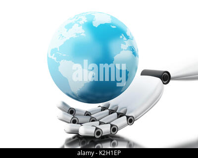 3D-Darstellung. Roboterhand mit Kugel. Travel Concept. Isoliert weißer Hintergrund Stockfoto