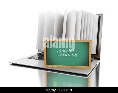 3D-Darstellung. Laptop mit Buch Seiten und "Languaje lernen" Text auf der Tafel. E-Learning, digitale Bibliothek und online Ausbildung Konzept. Stockfoto