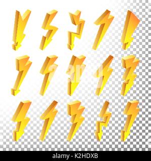 3D-Lightning Symbole Vektor einrichten. Cartoon Gelber Blitz isoliert Abbildung. Flash Piktogramme. Blitz Symbole Stock Vektor