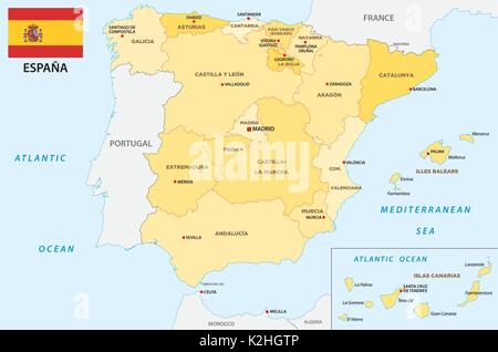 Spanien administrative und politische Vektorkarte mit Fahne Stock Vektor