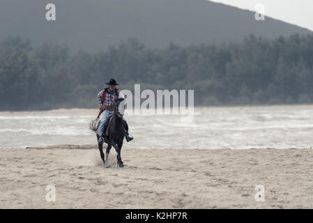 SONGKHLA THAILAND - 18. Februar: Unbekannt cowboy Show am Strand galoppiert das Pferd am 18. Februar 2017 in Songkhla, Thailand. Stockfoto