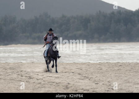 SONGKHLA THAILAND - 18. Februar: Unbekannt cowboy Show am Strand galoppiert das Pferd am 18. Februar 2017 in Songkhla, Thailand. Stockfoto