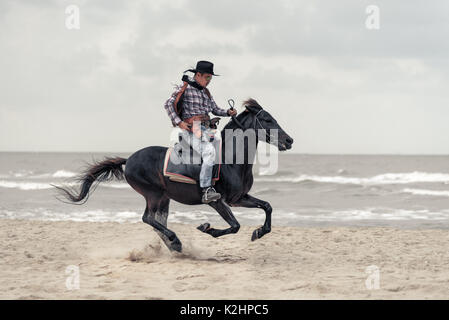 SONGKHLA THAILAND - 18. Februar: Unbekannt cowboy Show am Strand galoppiert das Pferd am 18. Februar 2017 in Songkhla, Thailand. Stockfoto