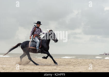 SONGKHLA THAILAND - 18. Februar: Unbekannt cowboy Show am Strand galoppiert das Pferd am 18. Februar 2017 in Songkhla, Thailand. Stockfoto