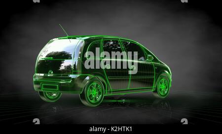 3D-Rendering von einem Auto mit grün umrandeten Anschlag auf einem schwarzen Hintergrund Stockfoto