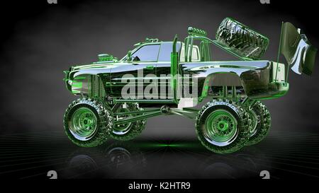 3D-Rendering eine reflektierende, großes Auto auf einem dunklen schwarzen Hintergrund Stockfoto