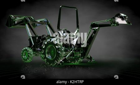 3D-Rendering einer reflektierenden digger Maschine auf einem dunklen schwarzen Hintergrund Stockfoto