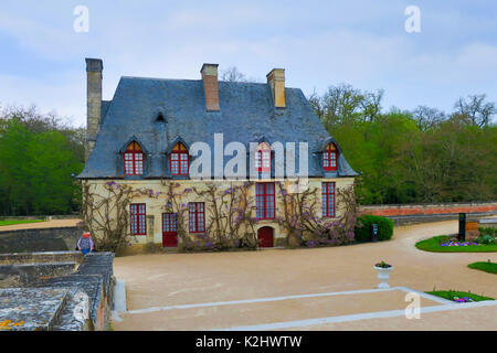 Wisteria Reben blühen auf dem Kanzleramt an der Wand. Diane de Poitier Garten im Chateau de Chenonceau Schloss an der Loire, Frankreich. Stockfoto