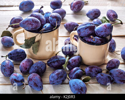 Pflaumen blau saftig süßen liegen in verzinnt Metall Becher gelbe Farbe und Pflaumen auf einem hölzernen Hintergrund nützliche Früchte für Diät Nahrung und dess verstreut Stockfoto