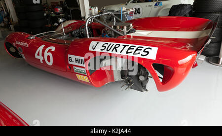 Ex-Team Surtees 1966 Lola T70 MK2, SL 71/48 in der Internationalen Gruben bei der Silverstone Classic 2017 Stockfoto