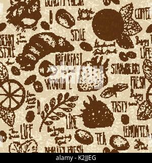 Nahtlose Hintergrund skizziert Frühstück mit Croissant, Zitrone und Beeren. Drawned auf alte braune Papier Stock Vektor