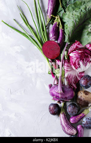 Sortiment raw Organic lila Gemüse mini Auberginen, Frühlingszwiebel, Rote Beete, Radicchio Salat, Pflaumen, Kohlrabi über grauer Beton Hintergrund. Zu Stockfoto