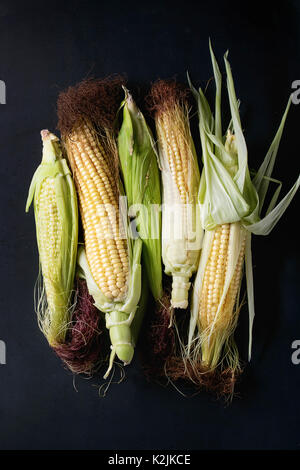 Junge Roh ungekocht Maiskolben in den Blättern. Draufsicht über Dark Metal Hintergrund. Stockfoto