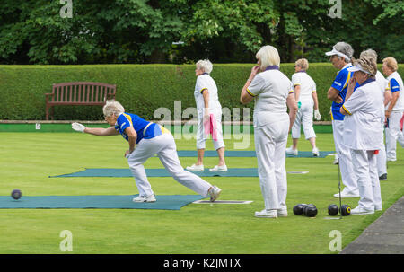 Ältere Menschen spielen Boule im Sommer. Senior Freunden auf einer Rasenfläche im Sommer in Großbritannien. Stockfoto