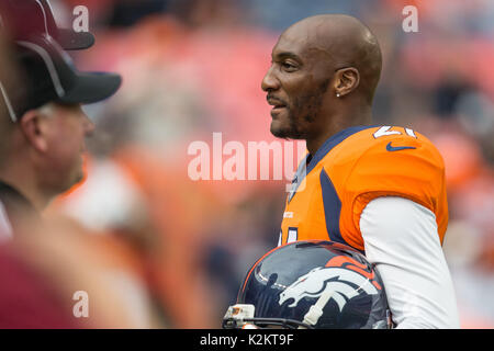 31. August 2017: Denver Broncos cornerback Aqib Talib (21) Während vor dem Spiel warm up eines NFL preseason matchup zwischen den Arizona Cardinals und die Denver Broncos am Sport Behörde Feld bei Mile High Stadium Denver CO, Scott D Stivason/Cal Sport Media Stockfoto