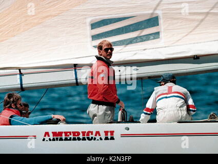 AJAXNETPHOTO. 8. OKT 1986 - FREMANTLE, WESTERN AUSTRALIA - AMERICA'S CUP - JOHANNES KOLIUS, Skipper, AMERIKA II. Foto: AJAXNETPHOTO.COM REF: AMCUP86 81403 10 14 Stockfoto