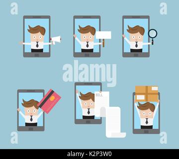 Der Geschäftsmann mit Mobile Smartphone online Business und Shopping Konzept cartoon Vector Illustration Stock Vektor