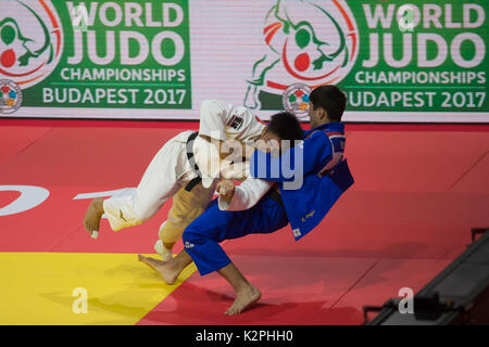 Budapest, Ungarn. 30 Aug, 2017. Goldmedaillenträger Soichi Hashimoto (L) von Japan konkurriert mit Rustam Orujov von Aserbaidschan während der Männer -73 kg Finale bei den 2017 Suzuki World Judo Meisterschaften in Budapest, Ungarn, am 12.08.30., 2017. Credit: Attila Volgyi/Xinhua/Alamy leben Nachrichten Stockfoto