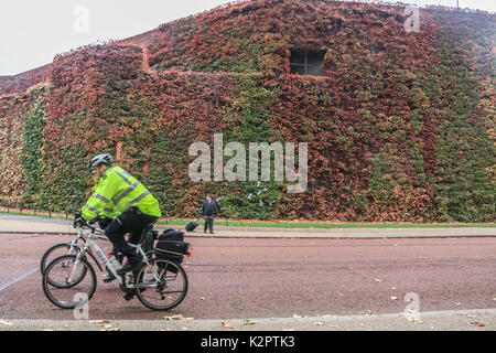 London, Großbritannien. 23 Okt, 2017. Polizei Fahrt auf dem Fahrrad hinter wechselnden Farben der Blätter im Herbst auf Horse Guards Parade in London Credit: Amer ghazzal/alamy leben Nachrichten Stockfoto