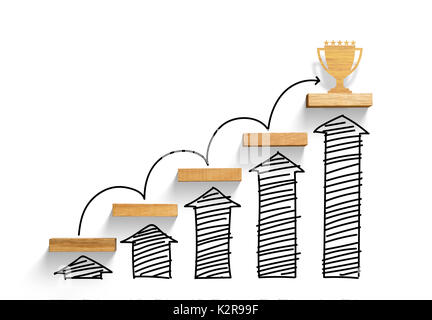 Holztreppe Ziel zu erreichen und die Trophäe mit Zunahme graph und Pfeil gewinnen, erfolgreich Stockfoto