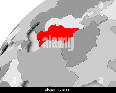 Karte von Turkmenistan in Rot auf Grau politische Welt. 3D-Darstellung. Stockfoto