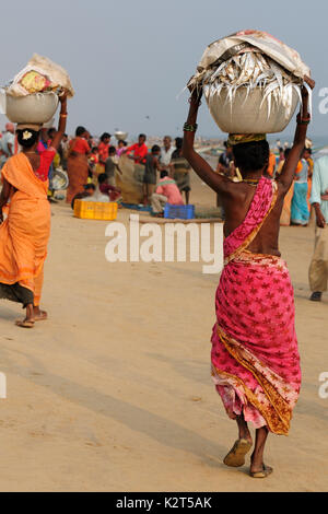 Fischer an einem Sandstrand in Orissa, Indien Stockfoto