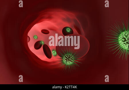 Bakterien mit roten Blutkörperchen. 3D-Rendering Stockfoto